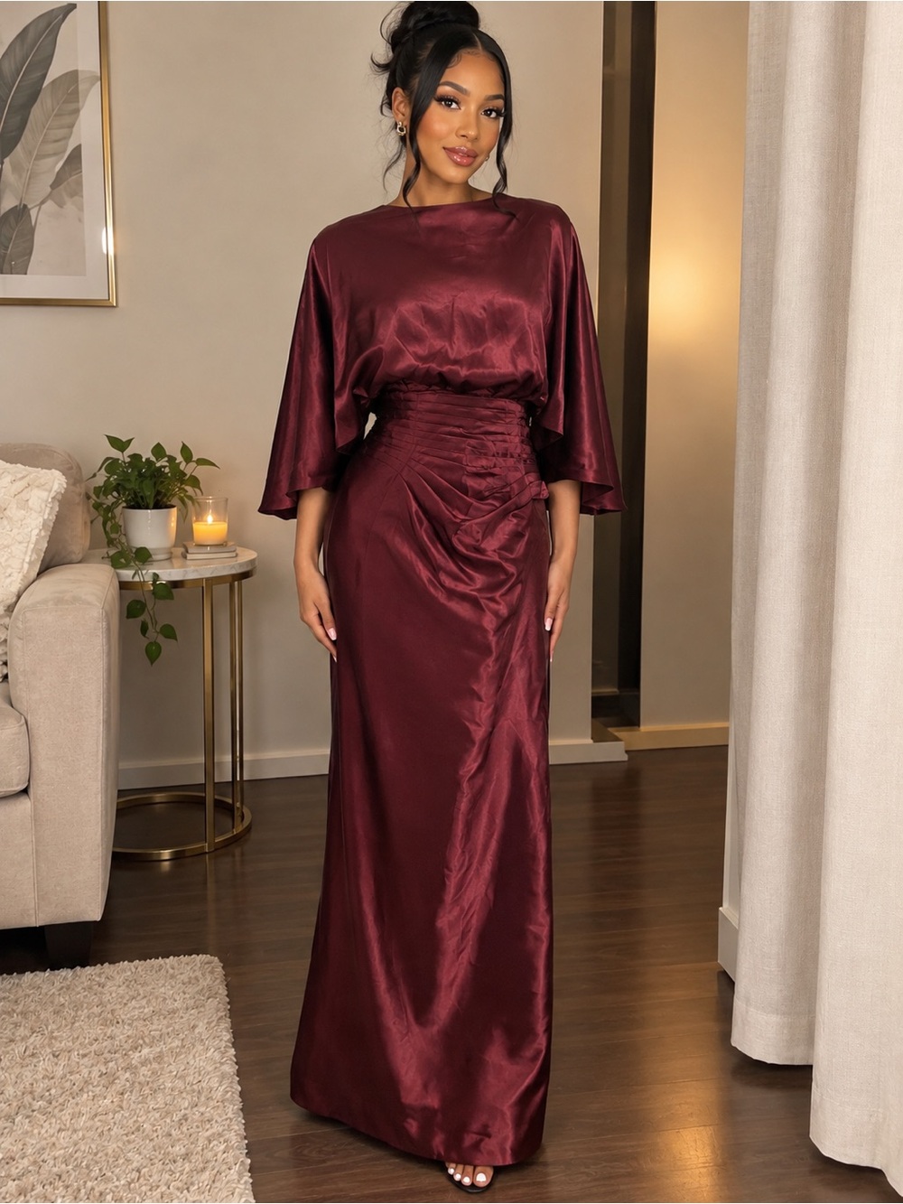 Beginning Boutique Satin Burgundy Maxi Dress with Ruched Waist